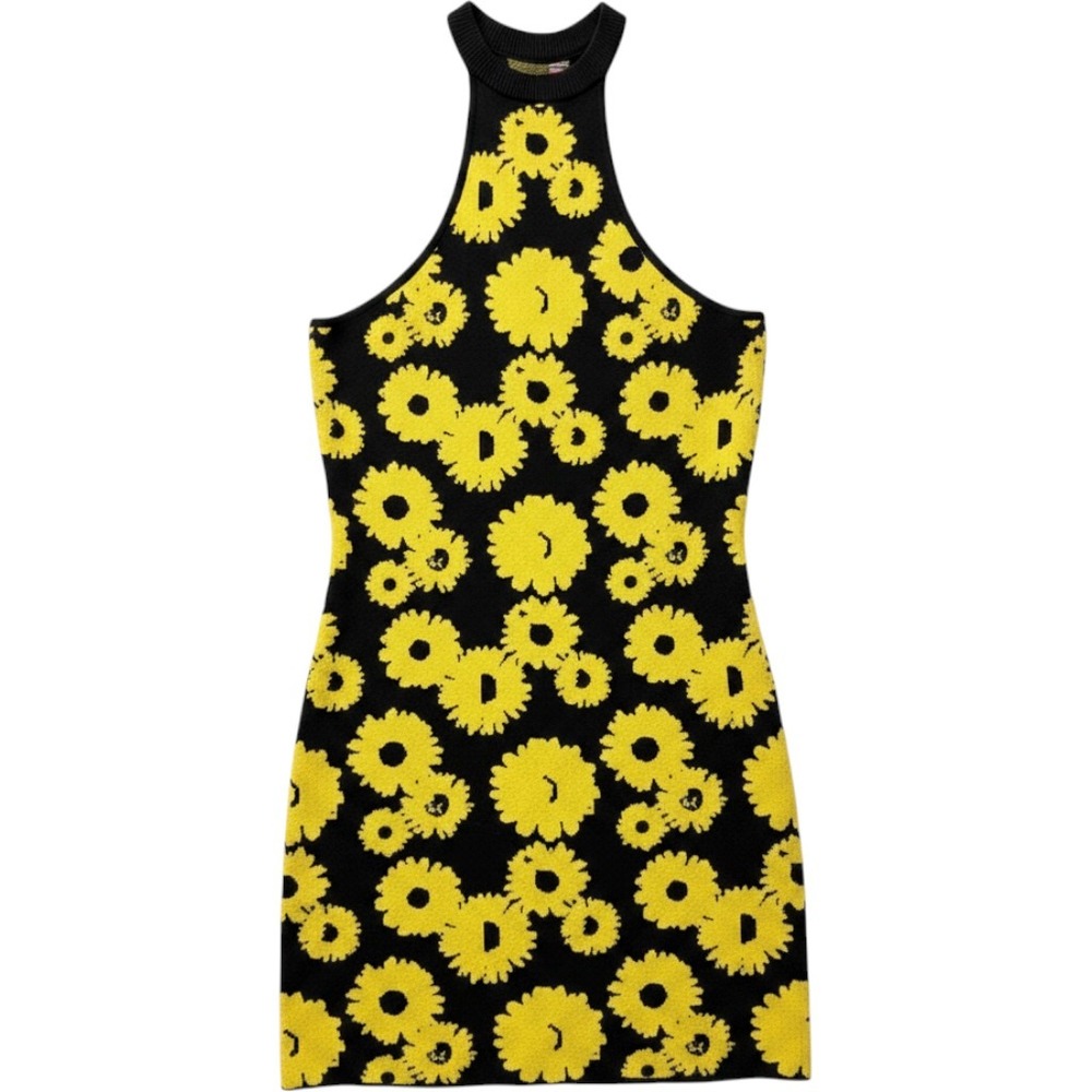 Urban Outfitters Sunflower Knit Mini Dress Black‎ Yellow Halter Racerback Small